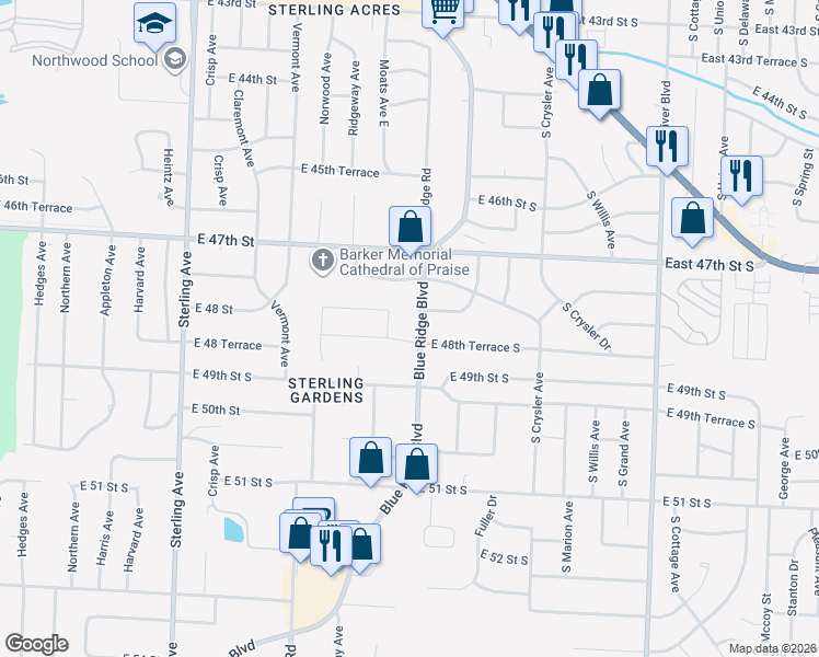 map of restaurants, bars, coffee shops, grocery stores, and more near 4805 Moats Drive in Kansas City