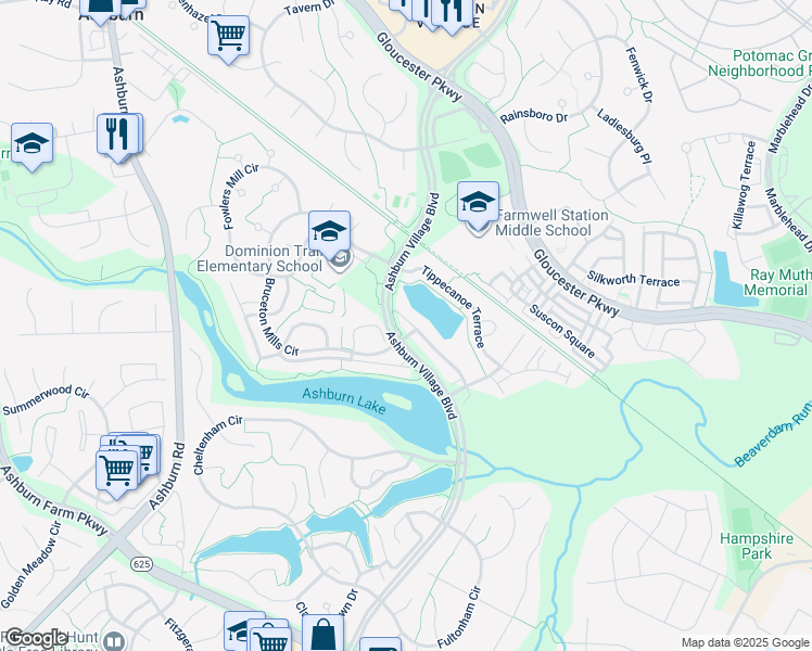 map of restaurants, bars, coffee shops, grocery stores, and more near 21043 Mossy Glen Terrace in Ashburn