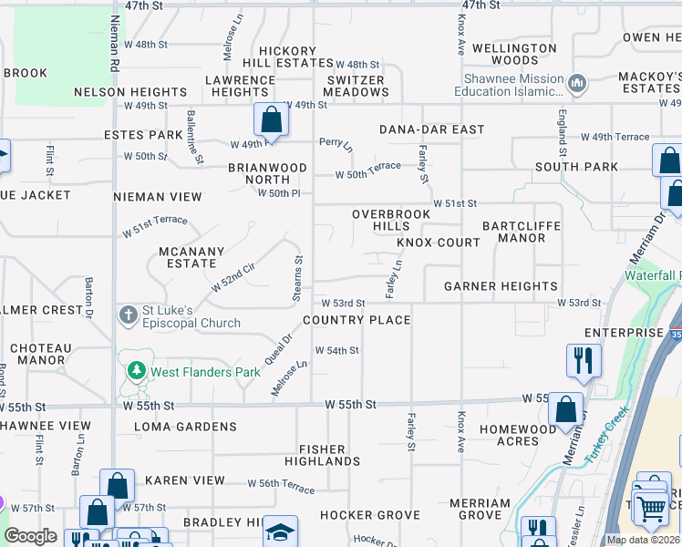 map of restaurants, bars, coffee shops, grocery stores, and more near 10120 West 52nd Terrace in Merriam