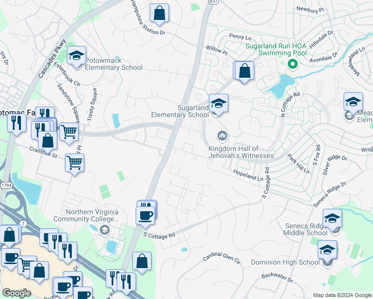 map of restaurants, bars, coffee shops, grocery stores, and more near 608 Brethour Court in Sterling
