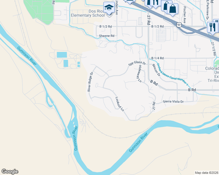 map of restaurants, bars, coffee shops, grocery stores, and more near 2664 Lookout Lane in Grand Junction