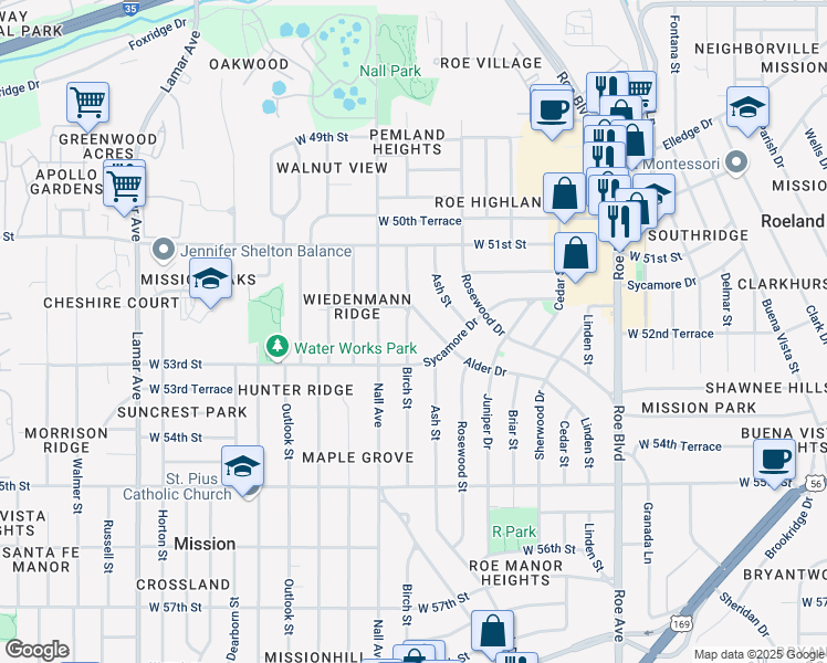 map of restaurants, bars, coffee shops, grocery stores, and more near 5217 Alder Drive in Roeland Park