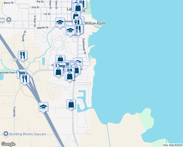 map of restaurants, bars, coffee shops, grocery stores, and more near 10 Royale Avenue in Lakeport