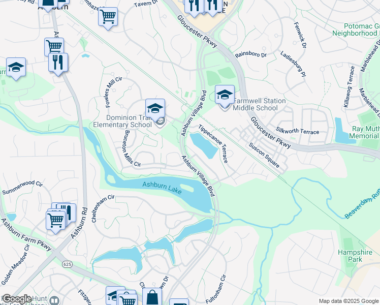 map of restaurants, bars, coffee shops, grocery stores, and more near 21041 Mossy Glen Terrace in Ashburn