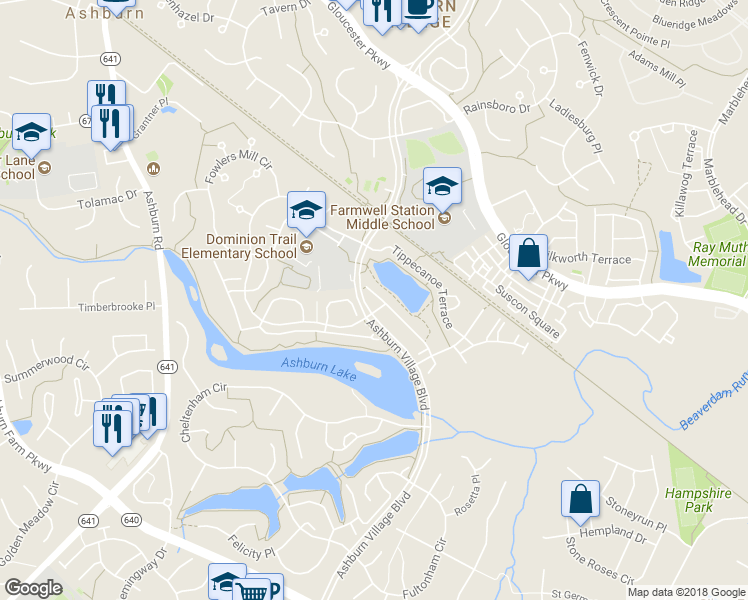 map of restaurants, bars, coffee shops, grocery stores, and more near 21041 Mossy Glen Terrace in Ashburn