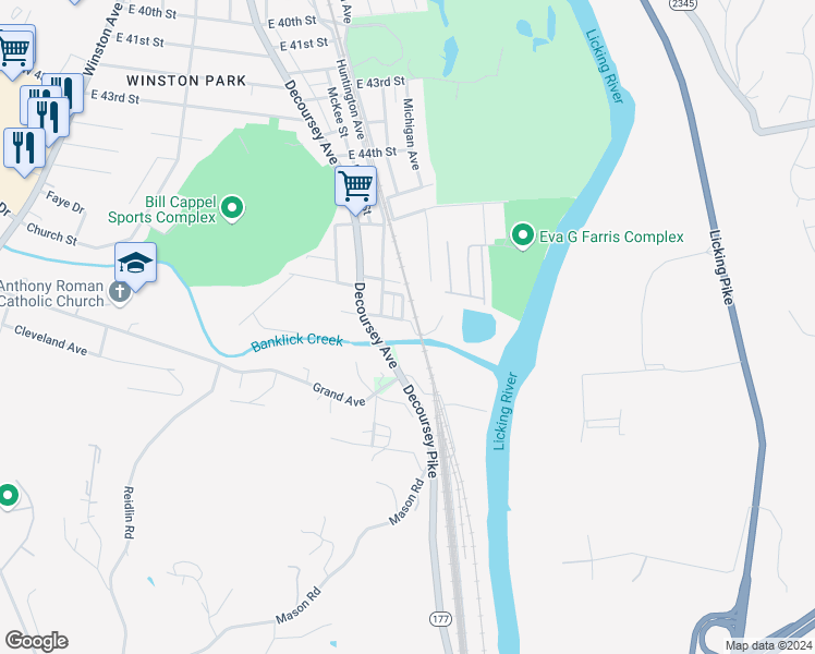 map of restaurants, bars, coffee shops, grocery stores, and more near 4620 Eureka Street in Covington