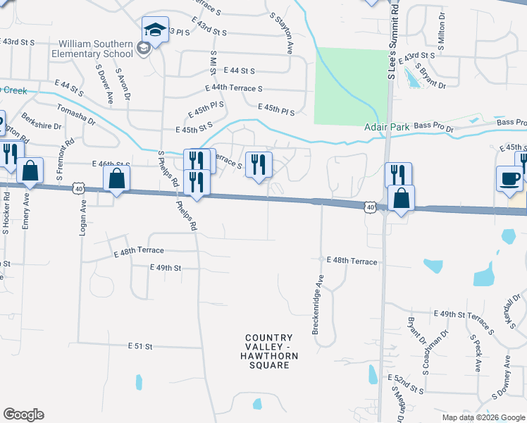 map of restaurants, bars, coffee shops, grocery stores, and more near 15987-16399 U.S. 40 in Kansas City