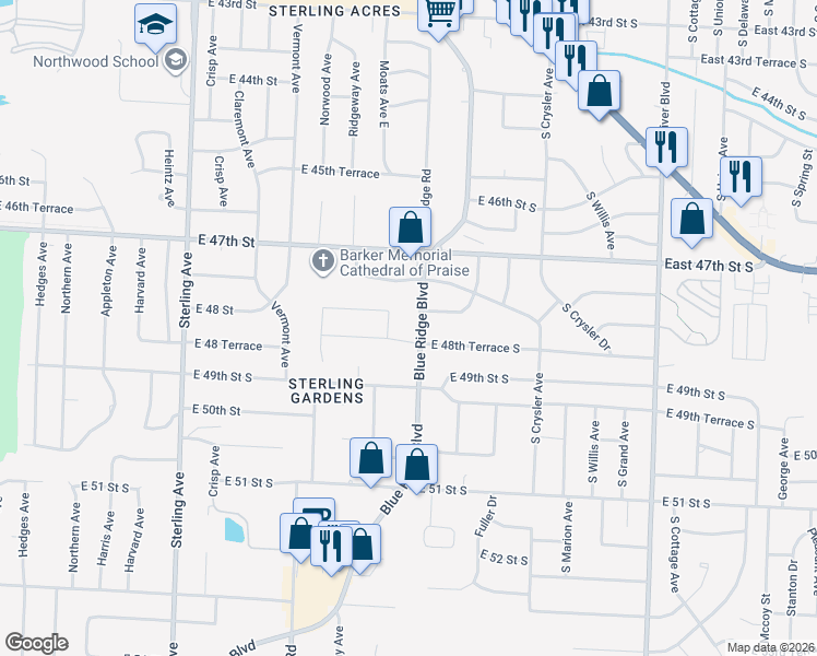map of restaurants, bars, coffee shops, grocery stores, and more near 4805 Moats Drive in Kansas City