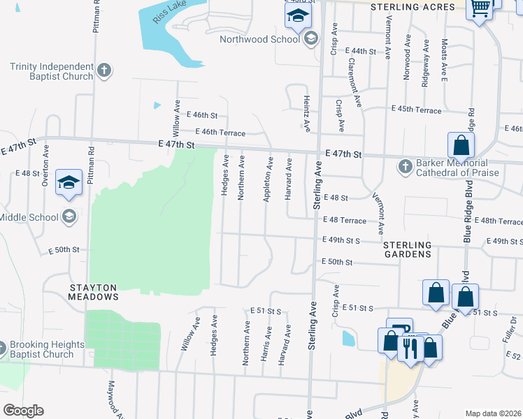 map of restaurants, bars, coffee shops, grocery stores, and more near 4806 Appleton Avenue in Kansas City