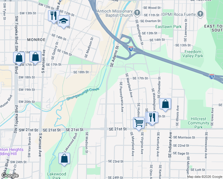map of restaurants, bars, coffee shops, grocery stores, and more near 1717 Southeast Pennsylvania Avenue in Topeka