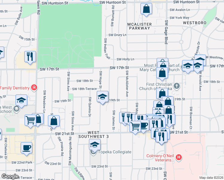 map of restaurants, bars, coffee shops, grocery stores, and more near 1805 Southwest Green Acres Avenue in Topeka