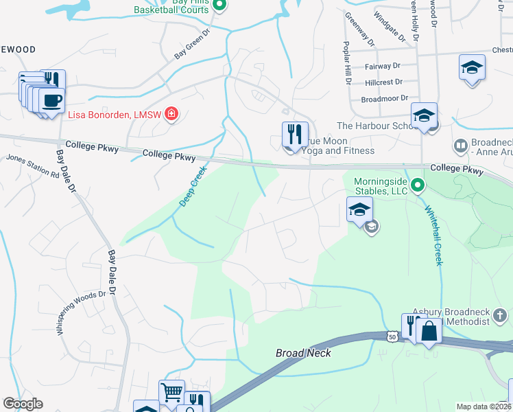 map of restaurants, bars, coffee shops, grocery stores, and more near 1390 Broadneck Court in Annapolis