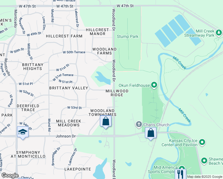 map of restaurants, bars, coffee shops, grocery stores, and more near 20700 West 52nd Street in Shawnee