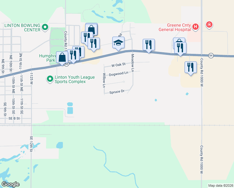 map of restaurants, bars, coffee shops, grocery stores, and more near 1701-1851 Spruce Drive in Linton
