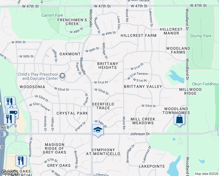map of restaurants, bars, coffee shops, grocery stores, and more near 21609 West 51st Place in Shawnee