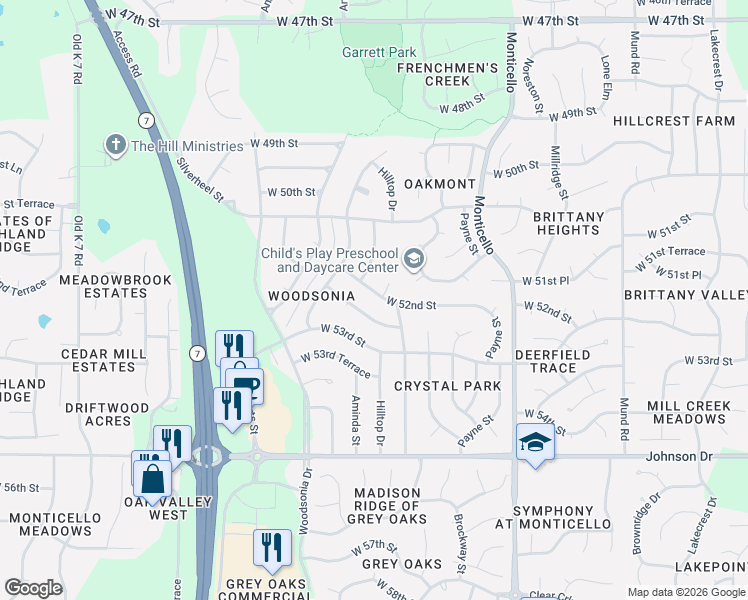 map of restaurants, bars, coffee shops, grocery stores, and more near 5132 Hilltop Court in Shawnee