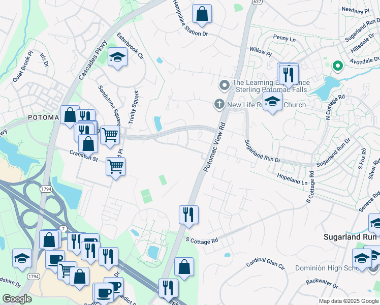 map of restaurants, bars, coffee shops, grocery stores, and more near 46539 River Meadows Terrace in Sterling