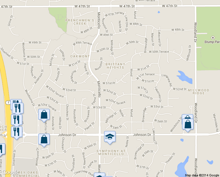 map of restaurants, bars, coffee shops, grocery stores, and more near 21712 W 52nd St in Shawnee