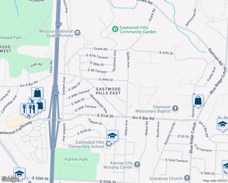 map of restaurants, bars, coffee shops, grocery stores, and more near 7702 Sni A Bar Terrace in Kansas City