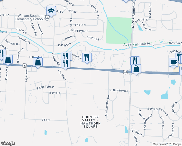 map of restaurants, bars, coffee shops, grocery stores, and more near 15987-16399 U.S. 40 in Kansas City