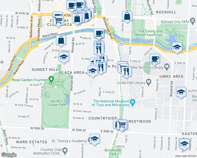 map of restaurants, bars, coffee shops, grocery stores, and more near 5114 Main Street in Kansas City