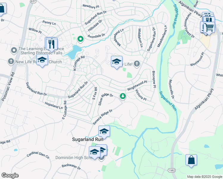 map of restaurants, bars, coffee shops, grocery stores, and more near 124 Wrightwood Place in Sterling
