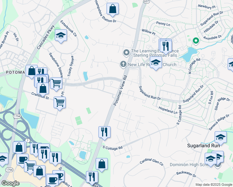 map of restaurants, bars, coffee shops, grocery stores, and more near 46572 River Meadows Terrace in Sterling
