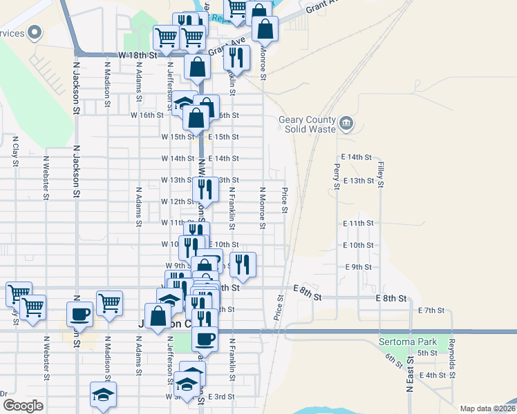 map of restaurants, bars, coffee shops, grocery stores, and more near 235 East 12th Street in Junction City