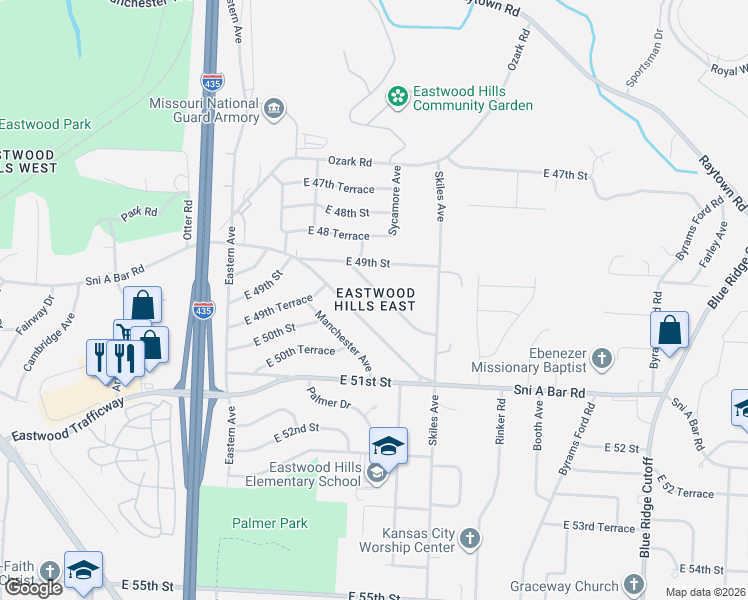 map of restaurants, bars, coffee shops, grocery stores, and more near 7616 Sni A Bar Terrace in Kansas City