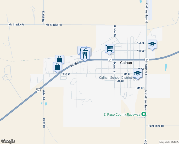 map of restaurants, bars, coffee shops, grocery stores, and more near 725 Fountain Street in Calhan
