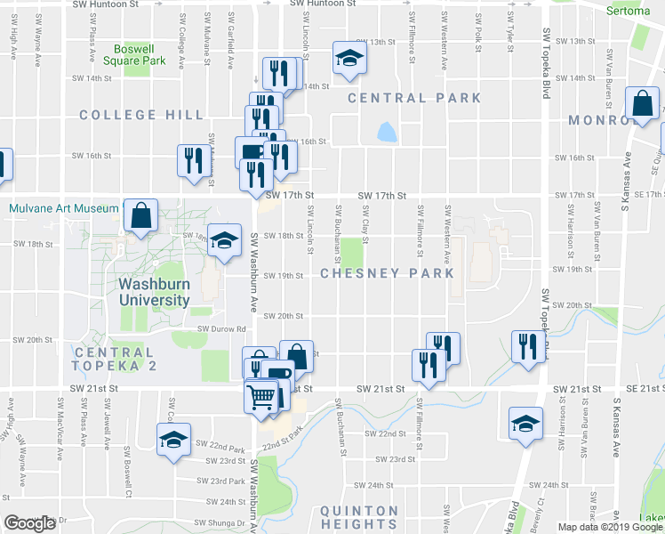 map of restaurants, bars, coffee shops, grocery stores, and more near 1831 Southwest Buchanan Street in Topeka