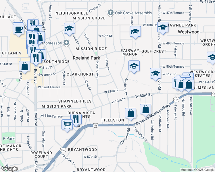 map of restaurants, bars, coffee shops, grocery stores, and more near 3719 West 52nd Terrace in Roeland Park