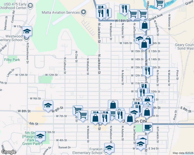 map of restaurants, bars, coffee shops, grocery stores, and more near 425 West 12th Street in Junction City
