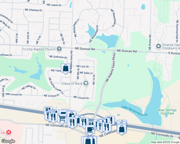 map of restaurants, bars, coffee shops, grocery stores, and more near 913 Northeast Sala Lane in Blue Springs