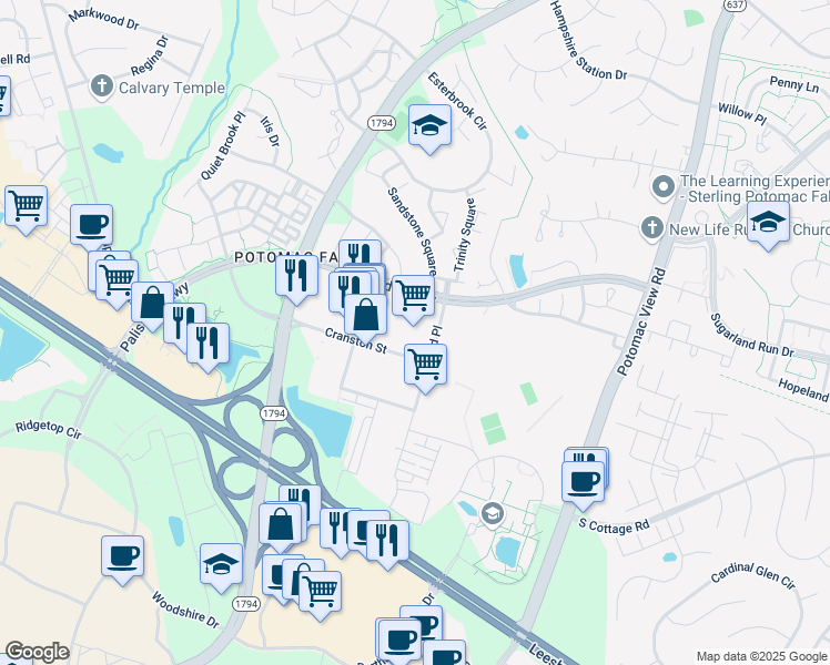 map of restaurants, bars, coffee shops, grocery stores, and more near 21000 Southbank Street in Sterling
