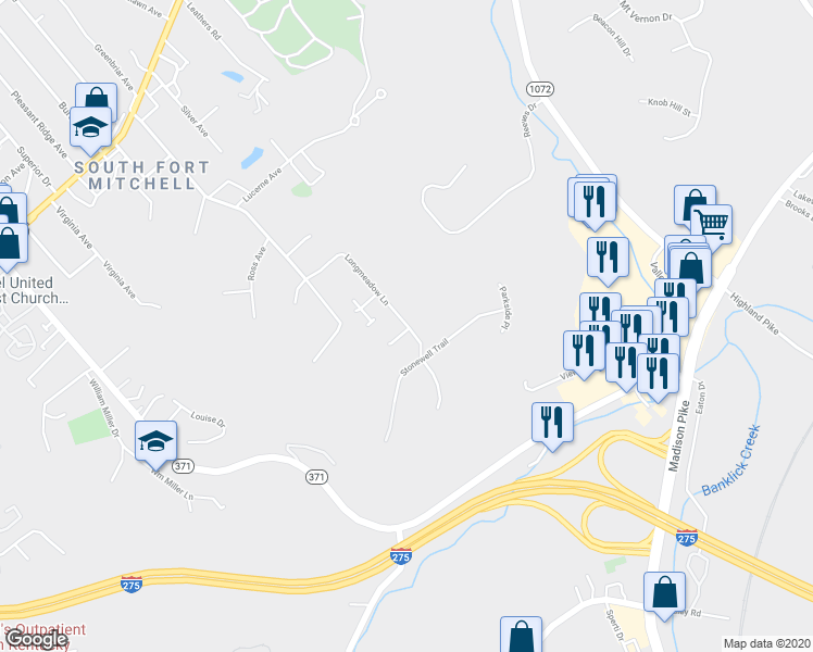 map of restaurants, bars, coffee shops, grocery stores, and more near 361 Longmeadow Lane in Fort Mitchell