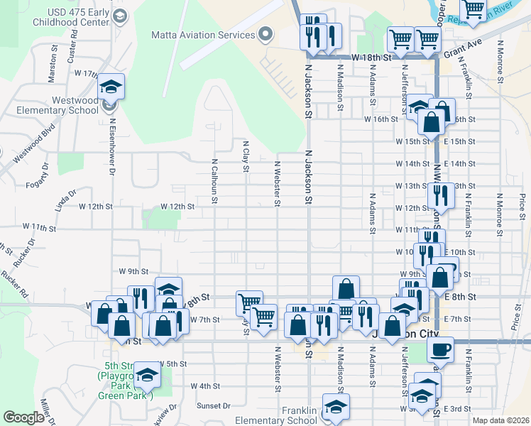 map of restaurants, bars, coffee shops, grocery stores, and more near 613 West 12th Street in Junction City