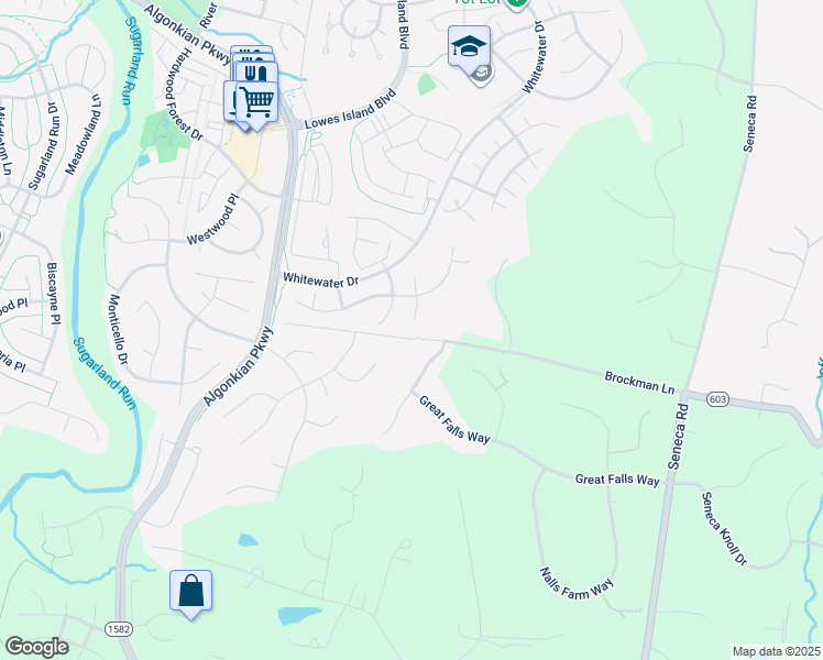 map of restaurants, bars, coffee shops, grocery stores, and more near 20989 Flatboat Court in Sterling