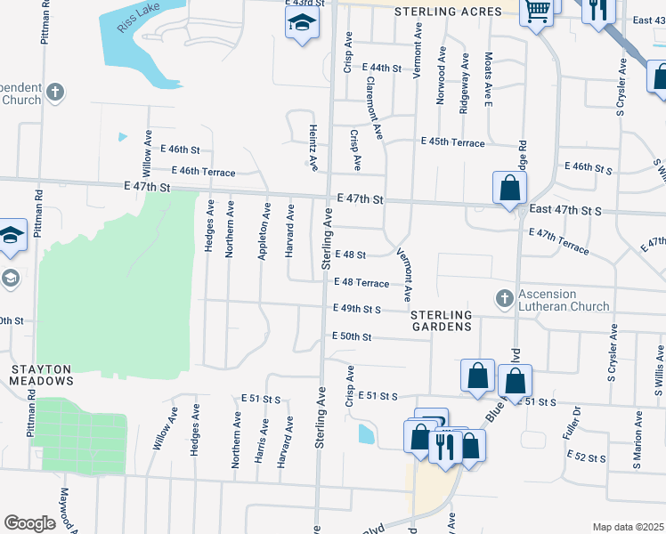 map of restaurants, bars, coffee shops, grocery stores, and more near 11205 East 48 Street in Kansas City