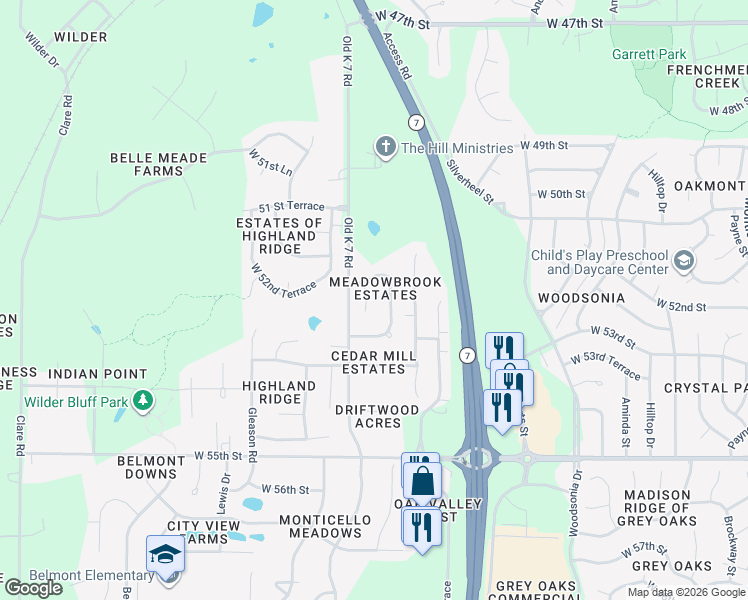 map of restaurants, bars, coffee shops, grocery stores, and more near 5205 Meadowsweet Lane in Shawnee