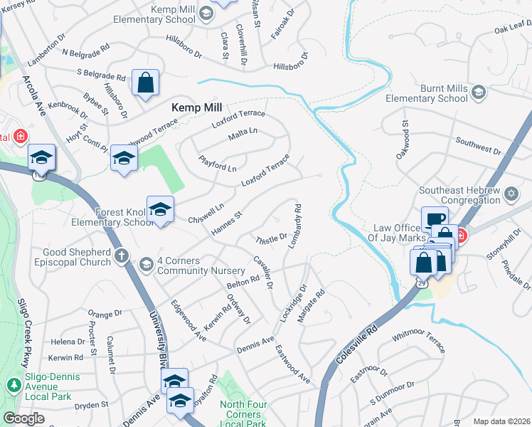map of restaurants, bars, coffee shops, grocery stores, and more near 11101 Lombardy Road in Silver Spring