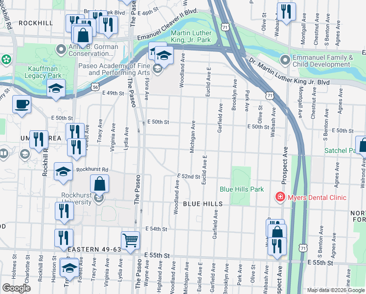 map of restaurants, bars, coffee shops, grocery stores, and more near 5047 Woodland Avenue in Kansas City