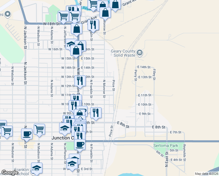 map of restaurants, bars, coffee shops, grocery stores, and more near 315 East 12th Street in Junction City