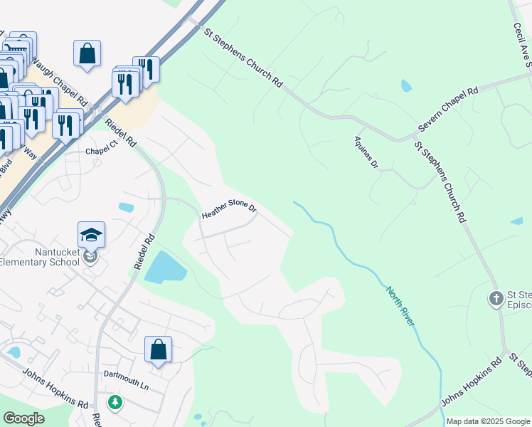 map of restaurants, bars, coffee shops, grocery stores, and more near 2418 Heather Stone Drive in Gambrills