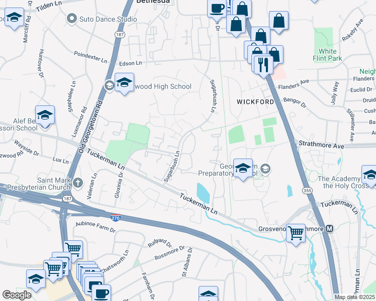 map of restaurants, bars, coffee shops, grocery stores, and more near 5715 Chapman Mill Drive in North Bethesda