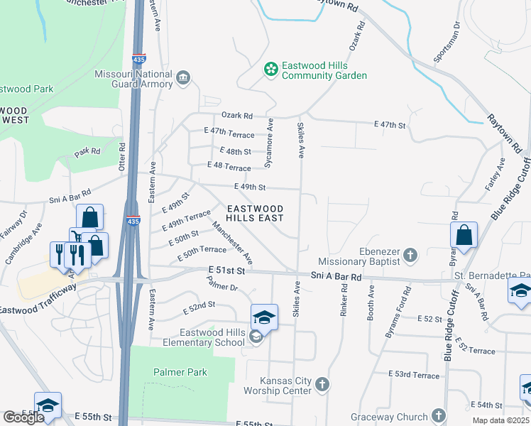 map of restaurants, bars, coffee shops, grocery stores, and more near 7700 Sni A Bar Terrace in Kansas City