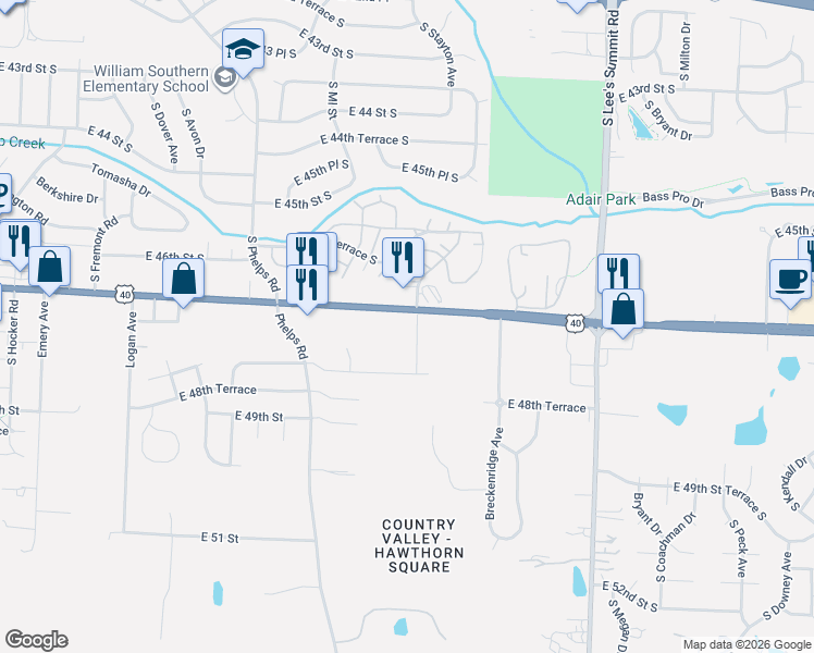 map of restaurants, bars, coffee shops, grocery stores, and more near 15987-16399 U.S. 40 in Kansas City