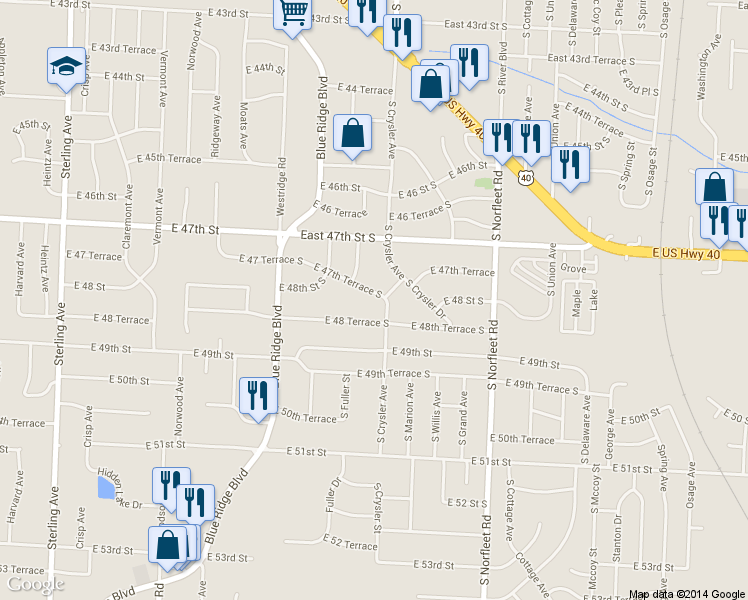 map of restaurants, bars, coffee shops, grocery stores, and more near 12111 East 47 Terrace South in Independence