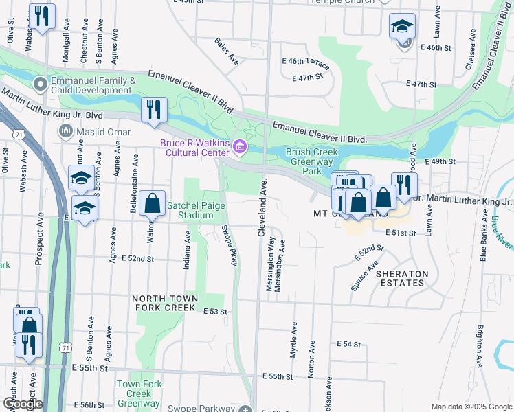 map of restaurants, bars, coffee shops, grocery stores, and more near 3800 East 51st Street in Kansas City