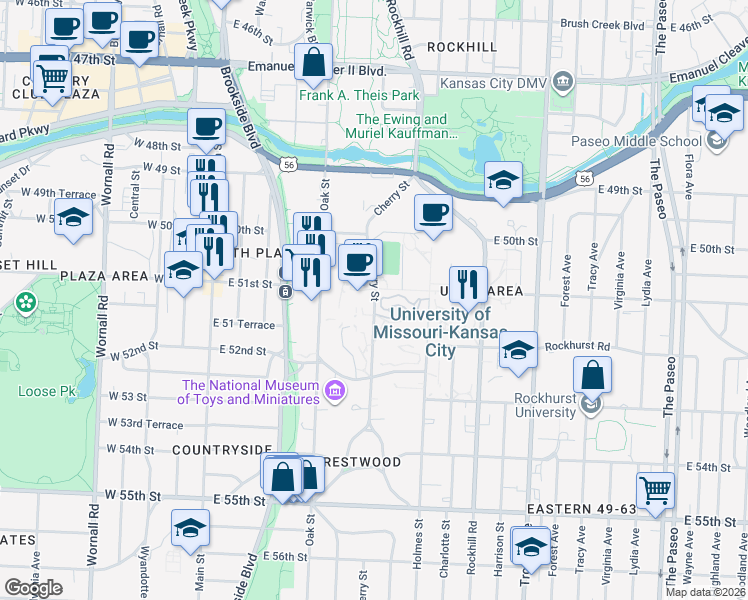 map of restaurants, bars, coffee shops, grocery stores, and more near 5100 Cherry Street in Kansas City